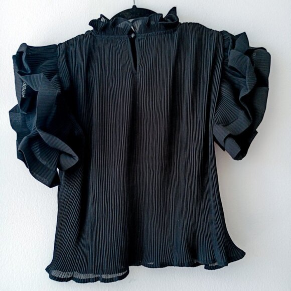 Banjul Women’s Black Pleated Ruffle Top Small – Lightweight Dressy Blouse - Picture 3 of 8